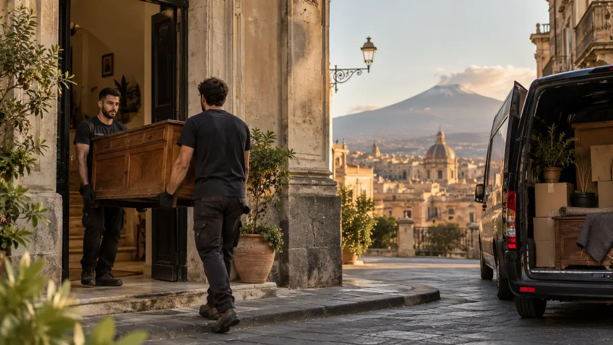 Due operatori spostano un mobile verso un furgone con Catania e l’Etna sullo sfondo