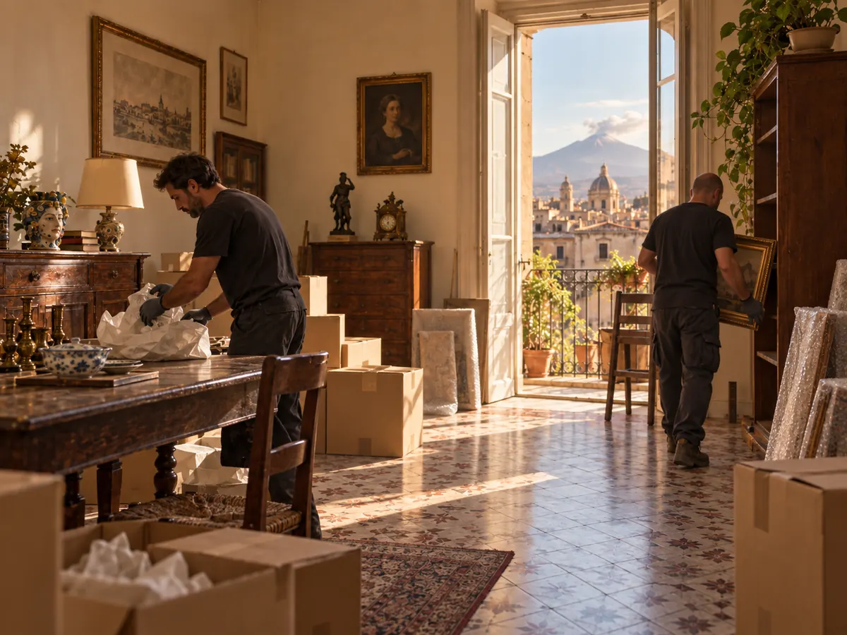 Due operatori proteggono e preparano oggetti in un appartamento di Catania