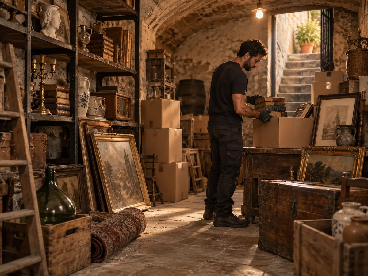 Operatore sistema libri e oggetti in scatole all’interno di una cantina