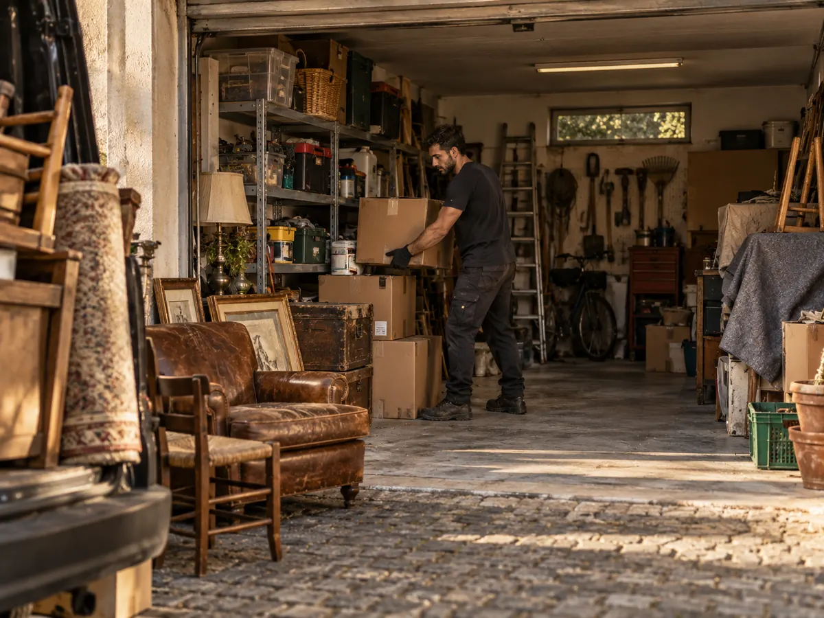 Operatore sposta scatole in un garage pieno di mobili e attrezzature