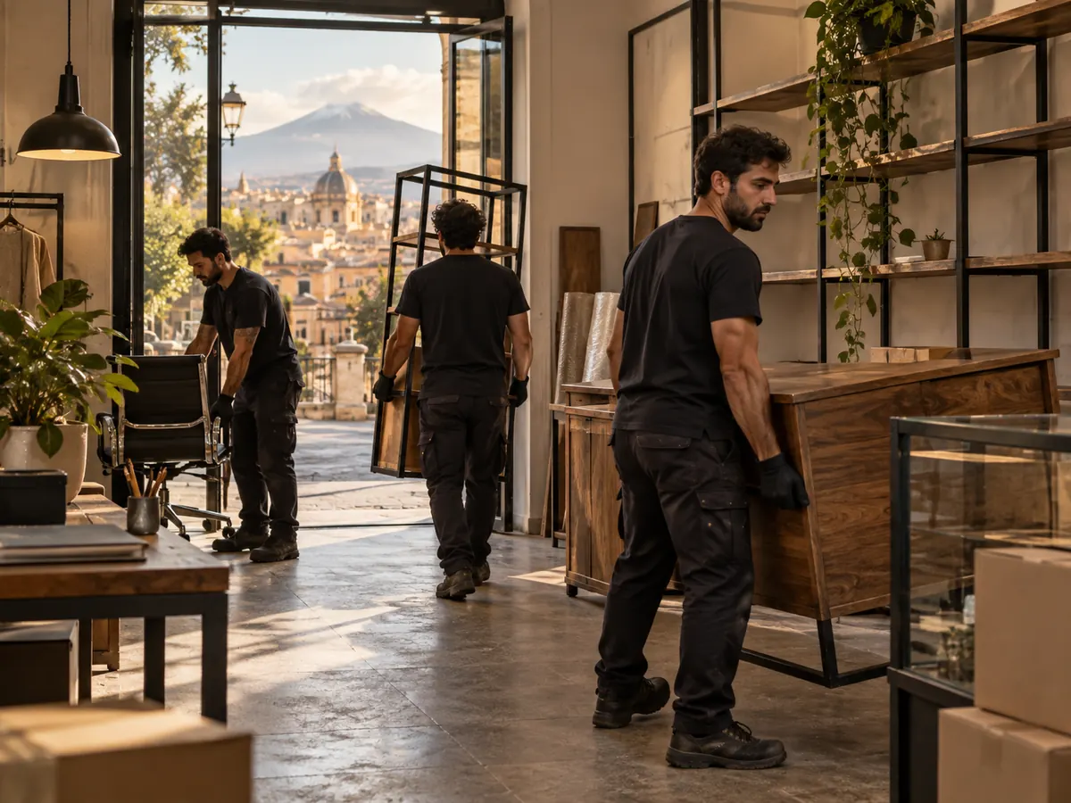 Operatori rimuovono arredi da uno spazio di lavoro a Catania