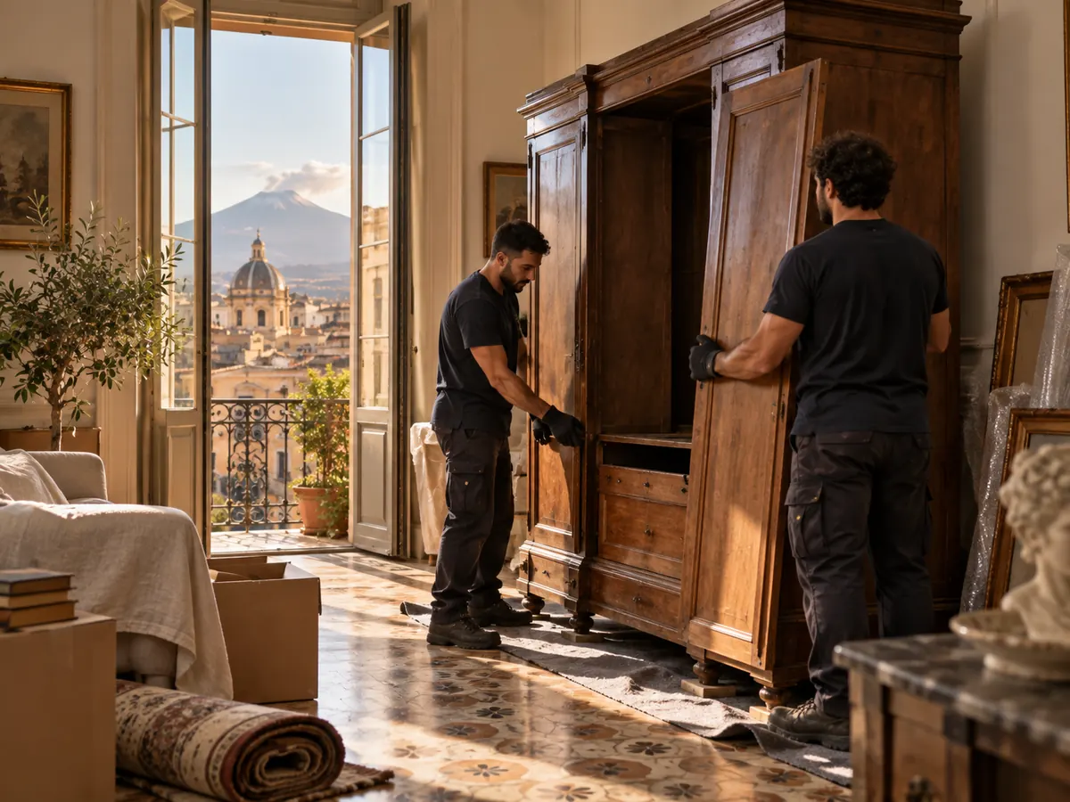 Due operatori smontano un grande armadio in un appartamento di Catania
