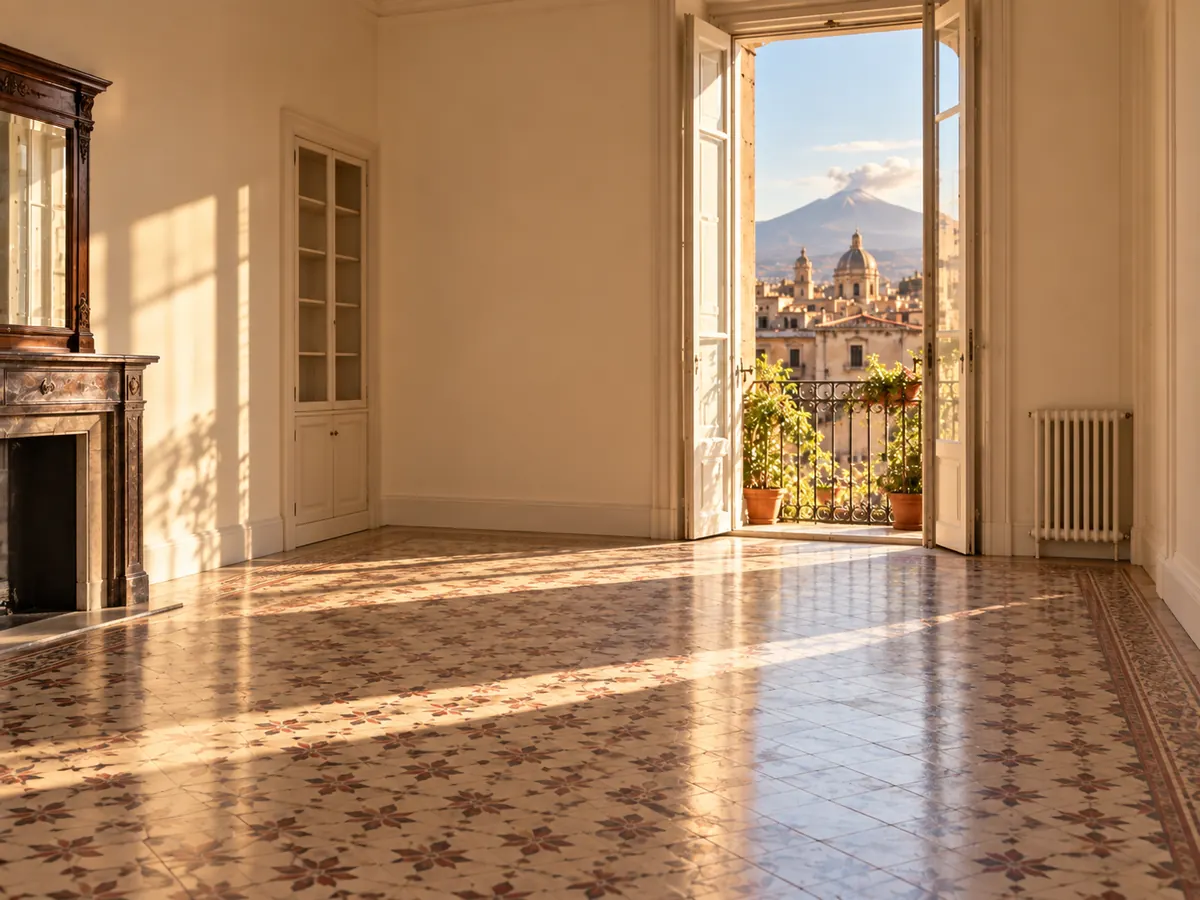Stanza vuota e luminosa con Catania e l’Etna visibili dalla finestra