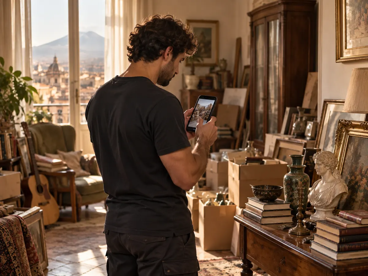Operatore fotografa gli oggetti presenti in un appartamento per una prima valutazione